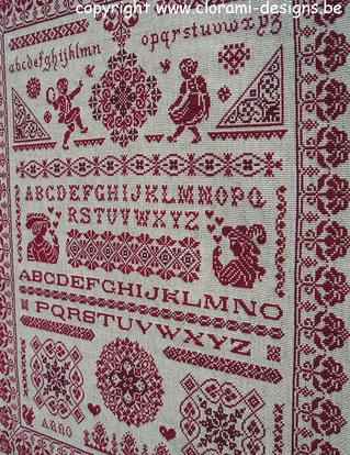 afbeelding van de rode kruissteek merklap Ref 019 Marquoir des Amoureux van CloRaMi Designs