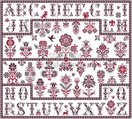 afbeelding van de rode kruissteek merklap Ref 069 Blooming CloRaMi Sampler