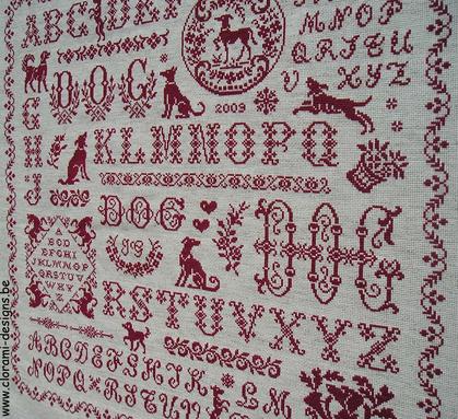 afbeelding van de rode kruissteek merklap Ref 024 Dog Sampler van CloRaMi Designs