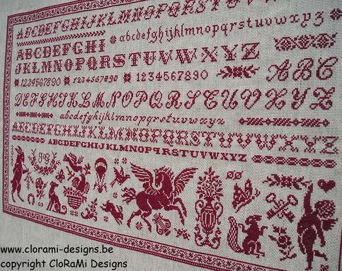 afbeelding van de rode kruissteek merklap Ref 032 Marquoir d'Elien van CloRaMi Designs