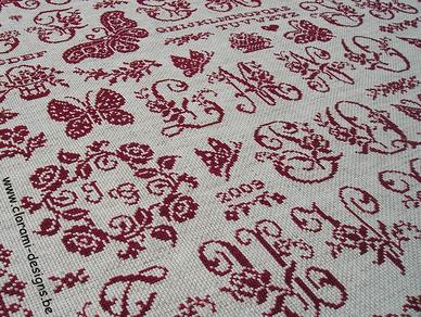 afbeelding van de rode kruissteek merklap Ref 030 Farfale Sampler van CloRaMi Designs