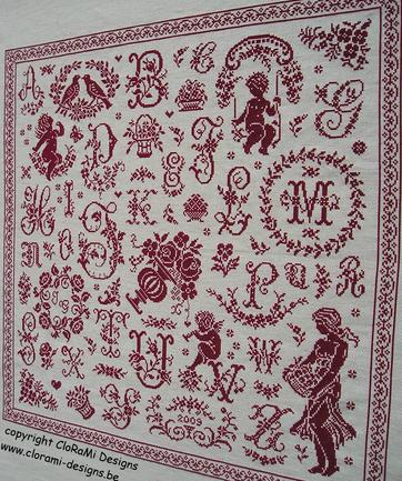 afbeelding van de rode kruissteek merklap Ref 050 Floralia Sampler van CloRaMi Designs