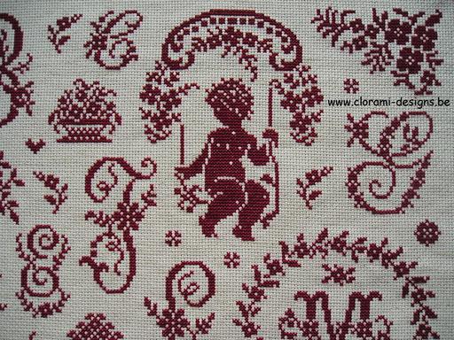 afbeelding van de rode kruissteek merklap Ref 050 Floralia Sampler van CloRaMi Designs