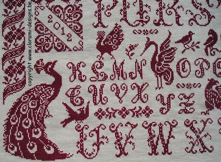 afbeelding van de rode kruissteek merklap Ref 034 Flying High Sampler van CloRaMi Designs