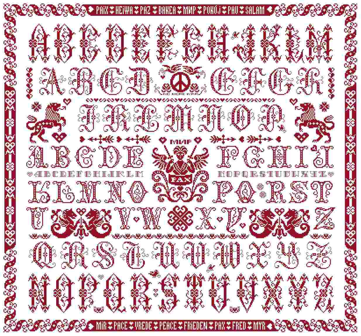 afbeelding van de rode kruissteek merklap Ref 070 Peace Sampler