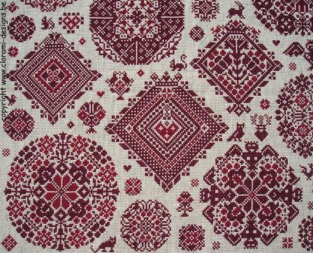 afbeelding van de rode kruissteek merklap Ref 005 Sampler à la Vierlanden van CloRaMi Designs