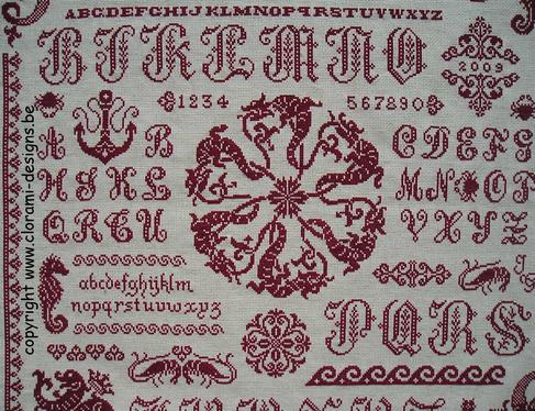 afbeelding van de rode kruissteek merklap Ref 051 Sea Creatures Sampler van CloRaMi Designs