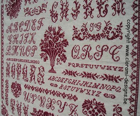 afbeelding van de rode kruissteek merklap Ref 043 Tutti Frutti Sampler van CloRaMi Designs