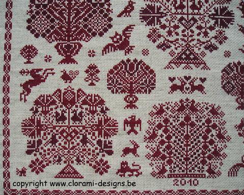 afbeelding van de rode kruissteek merklap Ref 038 Vierlanden Garden van CloRaMi Designs