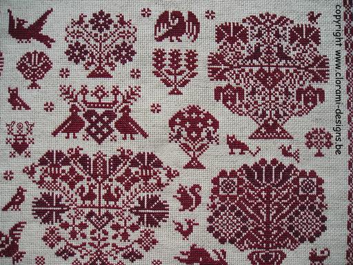 afbeelding van de rode kruissteek merklap Ref 038 Vierlanden Garden van CloRaMi Designs