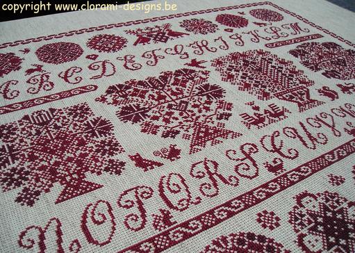 afbeelding van de rode kruissteek merklap Ref 016 Vierlanden Spring Sampler van CloRaMi Designs